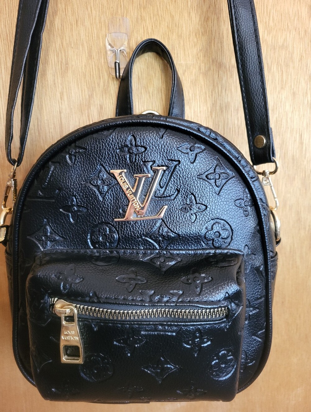Designer Inspired Black Embossed Mini Backpack with Gold Hardware. - Picture 1 of 16